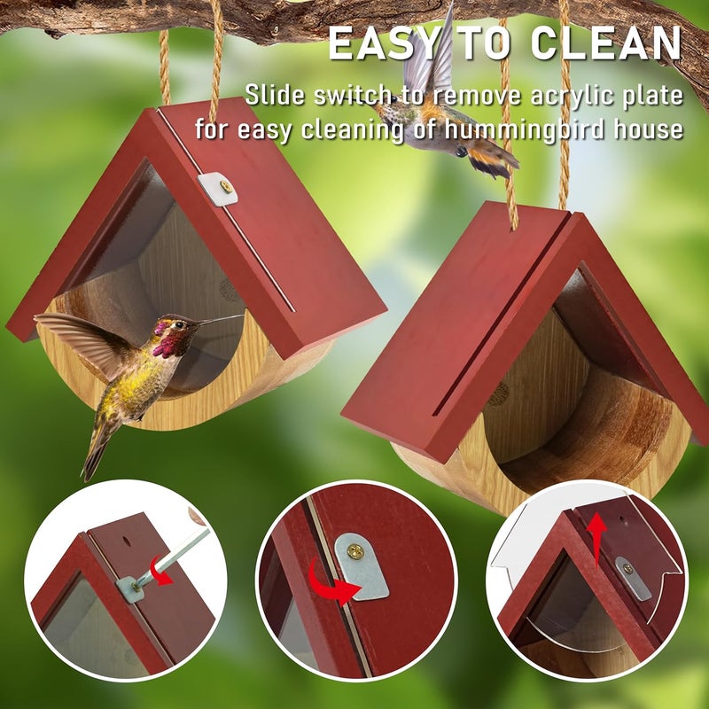 DFANG 2 Pack Hummingbird House, Window View Wooden Bird Houses for Outside Hummingbird Houses for Nesting, Hanging Chickadee House for Indoor Outdoor with Hemp Ropes - Image 2